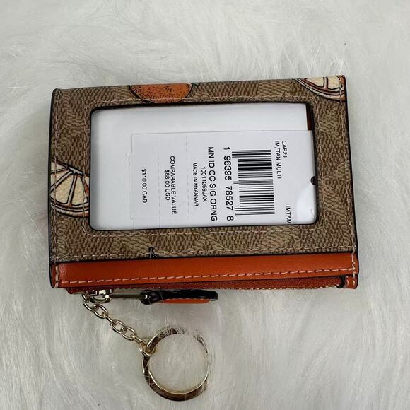 Coach Mini Skinny Id Case In Signature Canvas With Orange Print In Tan CAR21 NWT - Picture 3 of 4